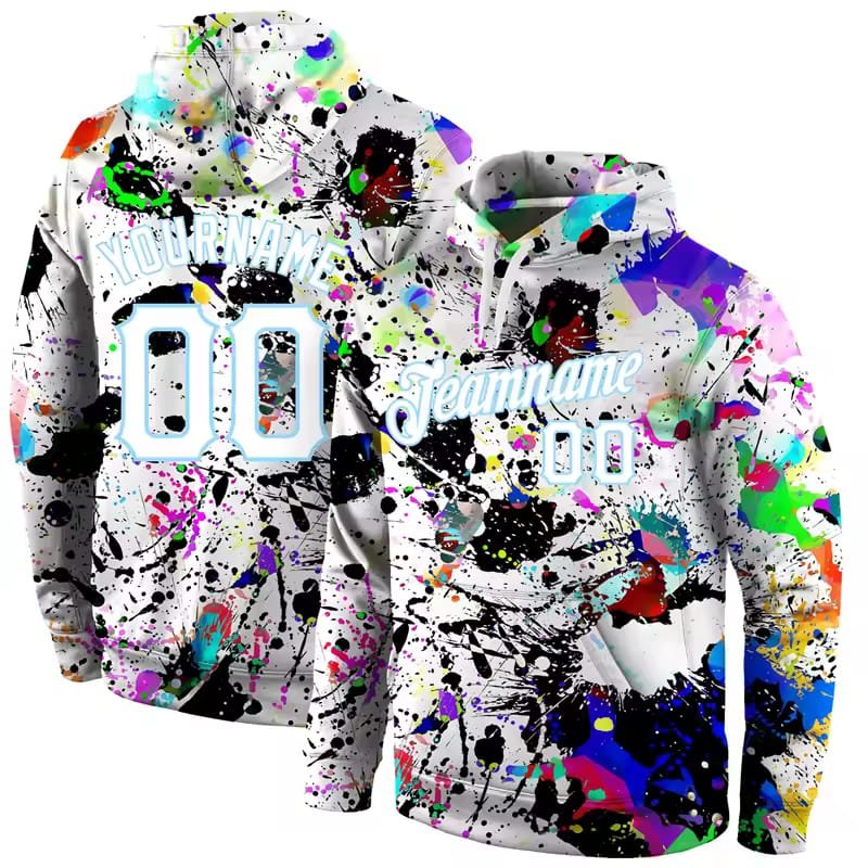 White Paint-Splatter Hoodie – Custom Teamwear with Bold Colors