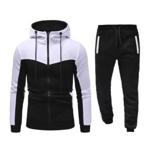 Men’s Two-Piece Athletic Tracksuit – Black & White Zip-Up Hoodie and Joggers