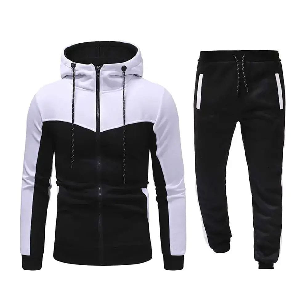 Men’s Two-Piece Athletic Tracksuit – Black & White Zip-Up Hoodie and Joggers