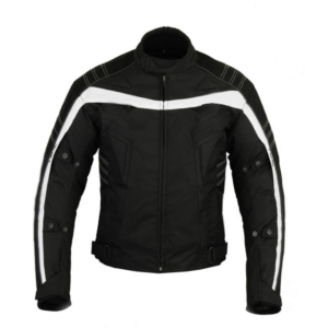 Black Motorcycle Jacket – White Reflective Stripes, Padded Protection & Adjustable Fit