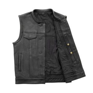 Black Leather Vest – Snap-Button Closure, Chest & Side Pockets, Rugged Finish