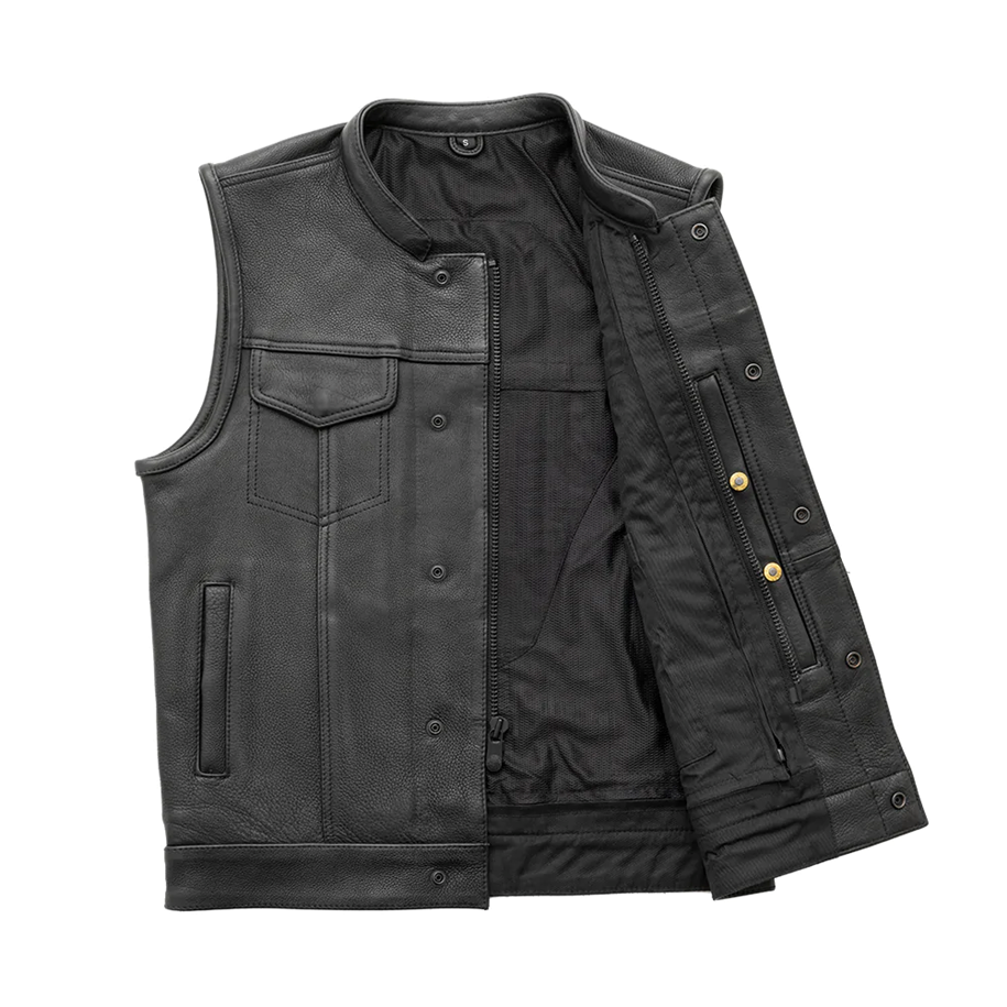 Black Leather Vest – Snap-Button Closure, Chest & Side Pockets, Rugged Finish