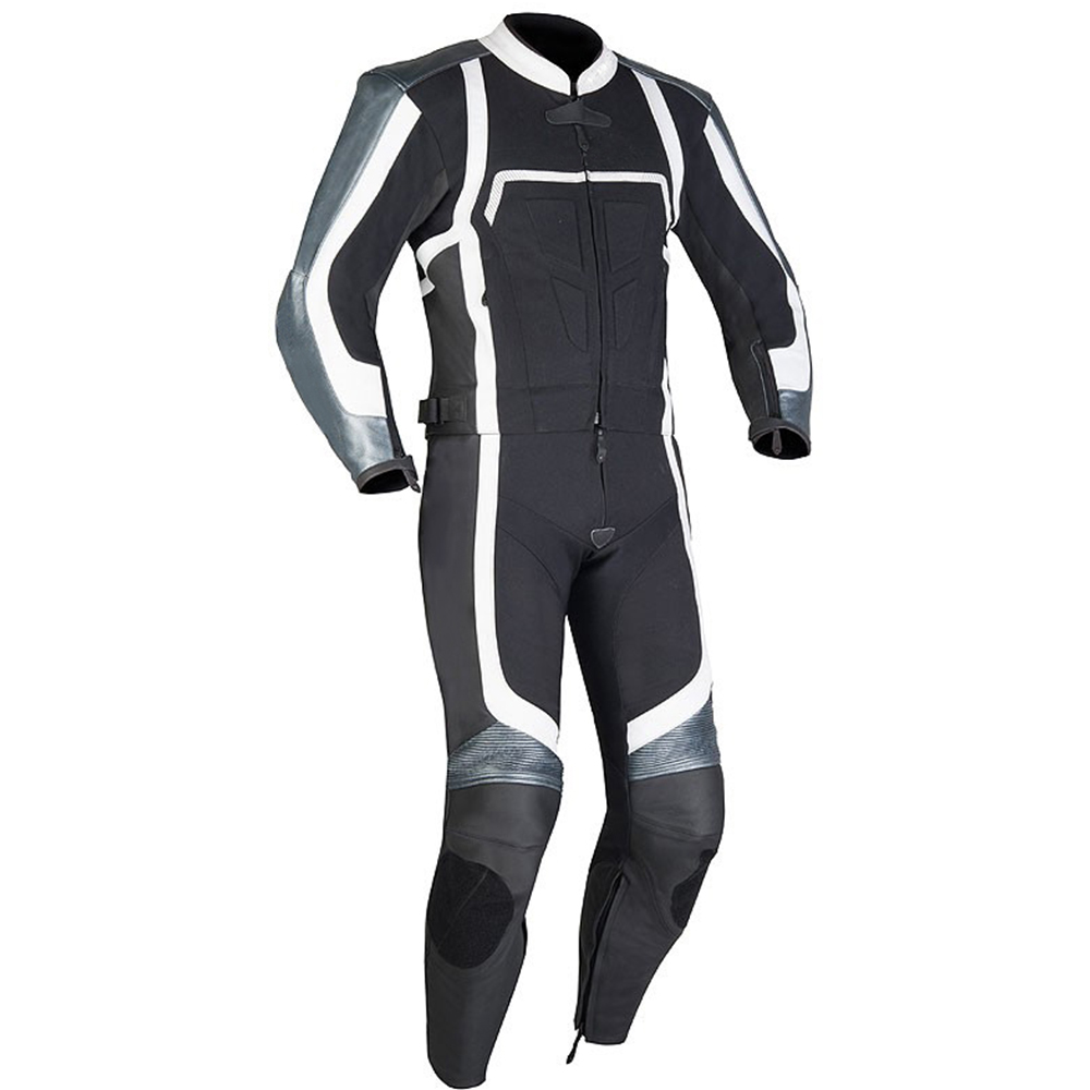 Black, White & Gray Motorcycle Racing Suit – Full-Body Protection & Aerodynamic Fit