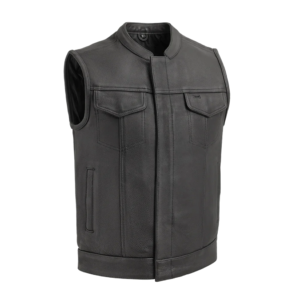 Black Leather Biker Vest – High Collar, Zipper Closure & Utility Pockets