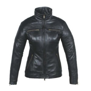 Women’s Black Leather Motorcycle Jacket – High Collar, Zippered Pockets & Glossy Finish