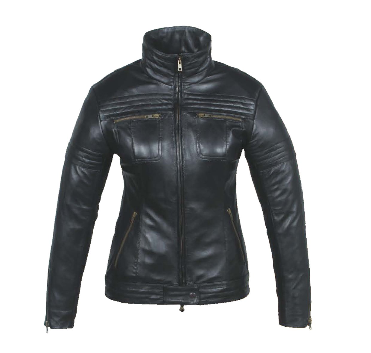 Women’s Black Leather Motorcycle Jacket – High Collar, Zippered Pockets & Glossy Finish