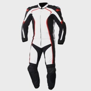 Pro-Rider One-Piece Motorcycle Racing Suit – Black/White/Red
