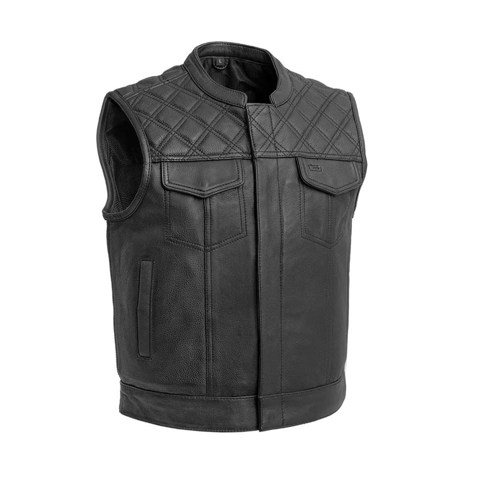 Black Leather Motorcycle Vest – Quilted Shoulders, Mandarin Collar & Utility Pockets