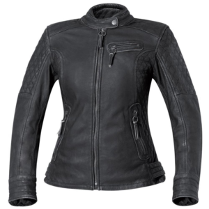 Women’s Black Leather Motorcycle Jacket – Quilted Shoulders & Zippered Pockets