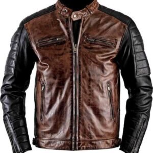 Two-Tone Leather Biker Jacket – Rugged Brown & Black with Padded Sleeves