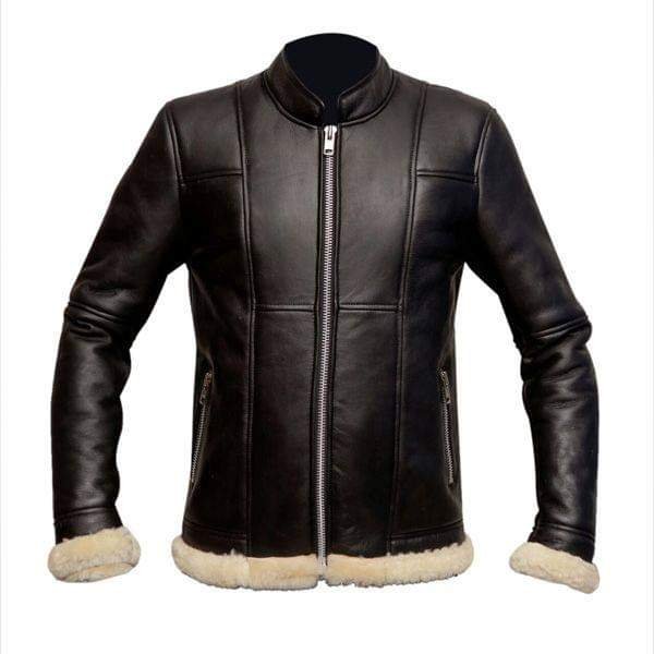 Men’s Black Leather Jacket with Shearling Trim – Export Edition