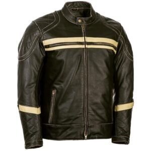 Men’s Black Leather Motorcycle Jacket – Beige Stripe Export Edition