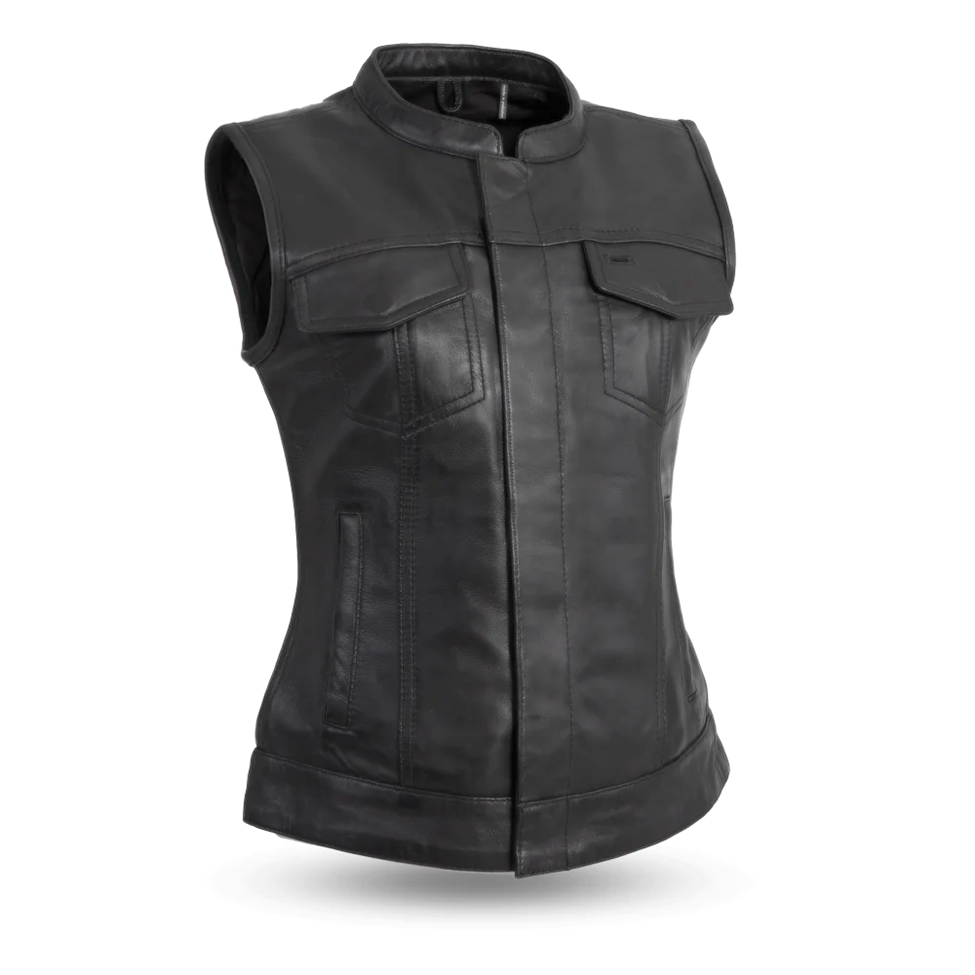 Women’s Black Leather Vest – Front Zip Export Edition