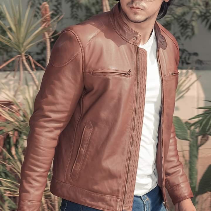 Men’s Premium Cognac Brown Leather Cafe Racer Jacket – Genuine Lambskin Moto Style