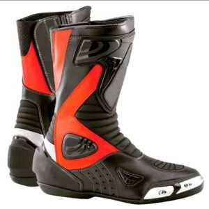 "Men's High-Performance Black and Red Motorcycle Boots with Protective Armor