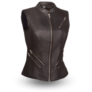Women's Slim-Fit Black Leather Motorcycle Vest with Zipper Pockets