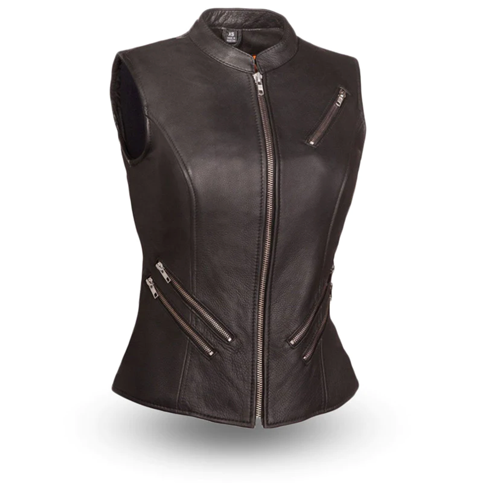 Women's Slim-Fit Black Leather Motorcycle Vest with Zipper Pockets