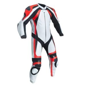 Men’s White, Red & Black Motorcycle Racing Suit – Export Grade One-Piece Gea