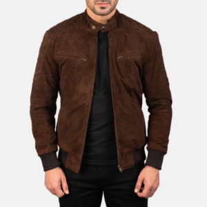 Men’s Dark Brown Suede Bomber Jacket – Export Grade