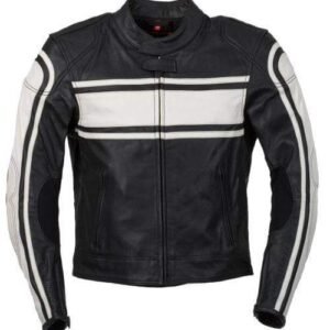 Black Leather Motorcycle Jacket with White Stripes – Modex International