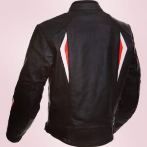 Black Leather Jacket – Red & White Back Accents, Sporty Design & Fitted Cut