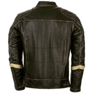 Black Leather Jacket – Back View with Beige Sleeve Stripes & Tailored Stitching