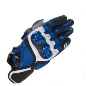 Motorcycle Racing Glove – Blue, Black & White with Reinforced Knuckle Protection