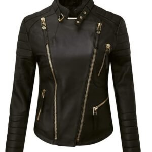Black Leather Jacket – Gold Zippers, Quilted Shoulders & Asymmetrical Design