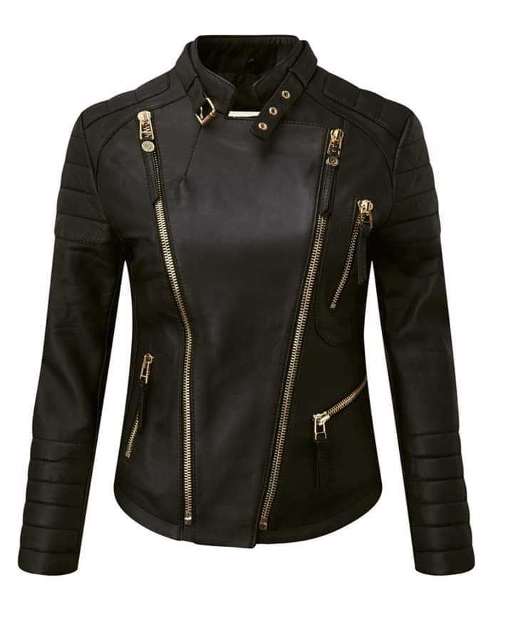 Black Leather Jacket – Gold Zippers, Quilted Shoulders & Asymmetrical Design