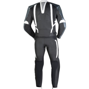 Black & White Motorcycle Racing Suit – Reinforced Back View with Impact Protection