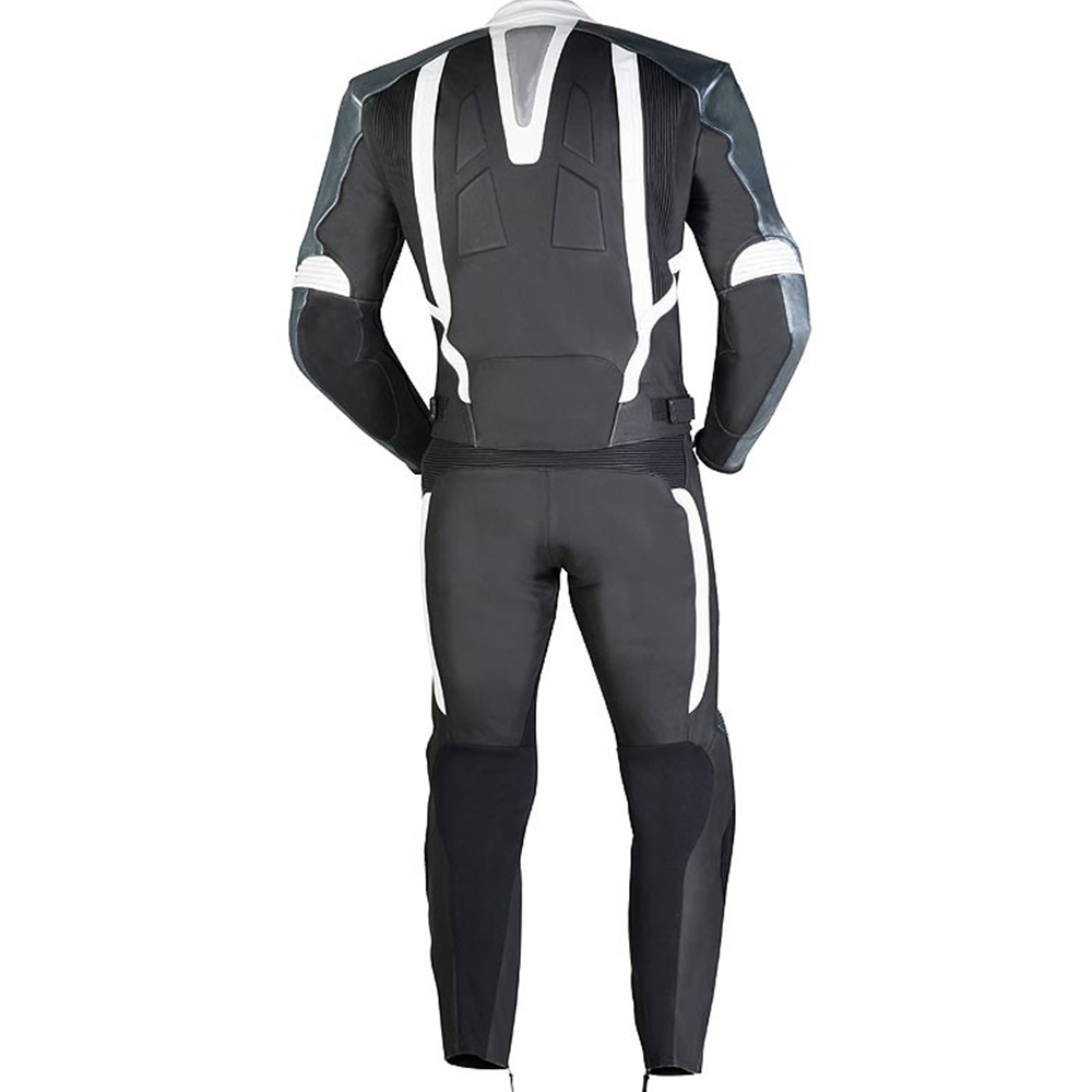Black & White Motorcycle Racing Suit – Reinforced Back View with Impact Protection