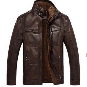 Dark Brown Leather Jacket – Fleece-Lined, High Collar & Zippered Pockets