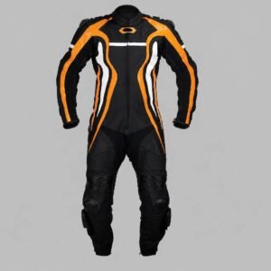 Black Tech Motorcycle Suit with Orange Accents