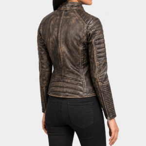 Women’s Distressed Brown Quilted Leather Biker Jacket