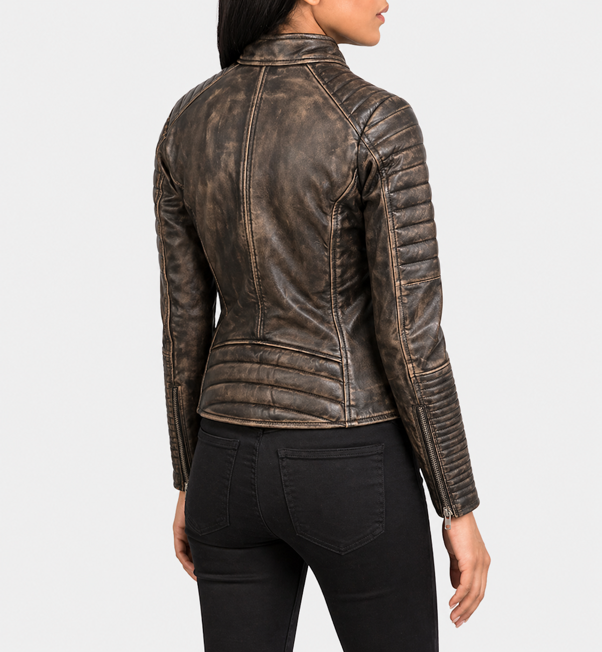 Women’s Distressed Brown Quilted Leather Biker Jacket