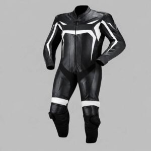 Premium Black Leather Motorcycle Racing Suit with White Accents